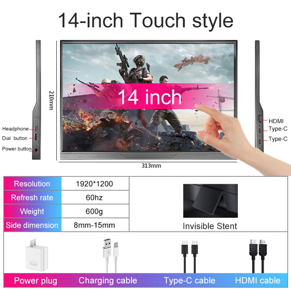 Moniteur portable 14" tactile IPS 1200P USB-C HDMI — Format compact ultra-réactif