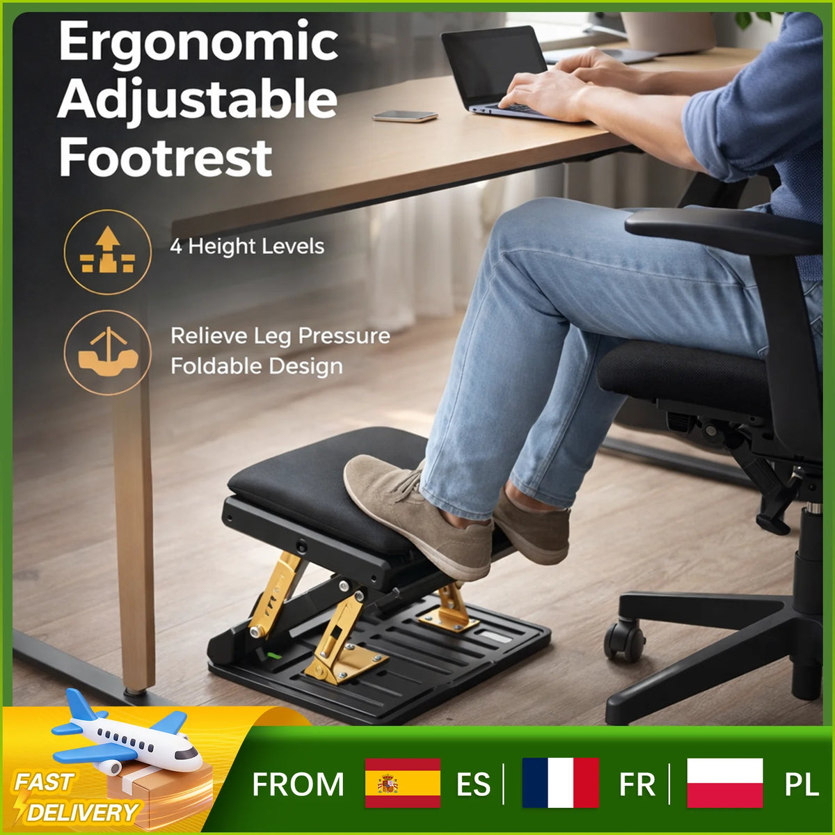 Repose-pieds ergonomique réglable 4 niveaux — Bureau, voiture et déplacement