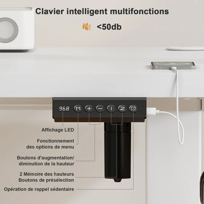 Bureau assis-debout électrique 140×60 cm avec ports USB et rappel de sédentarité