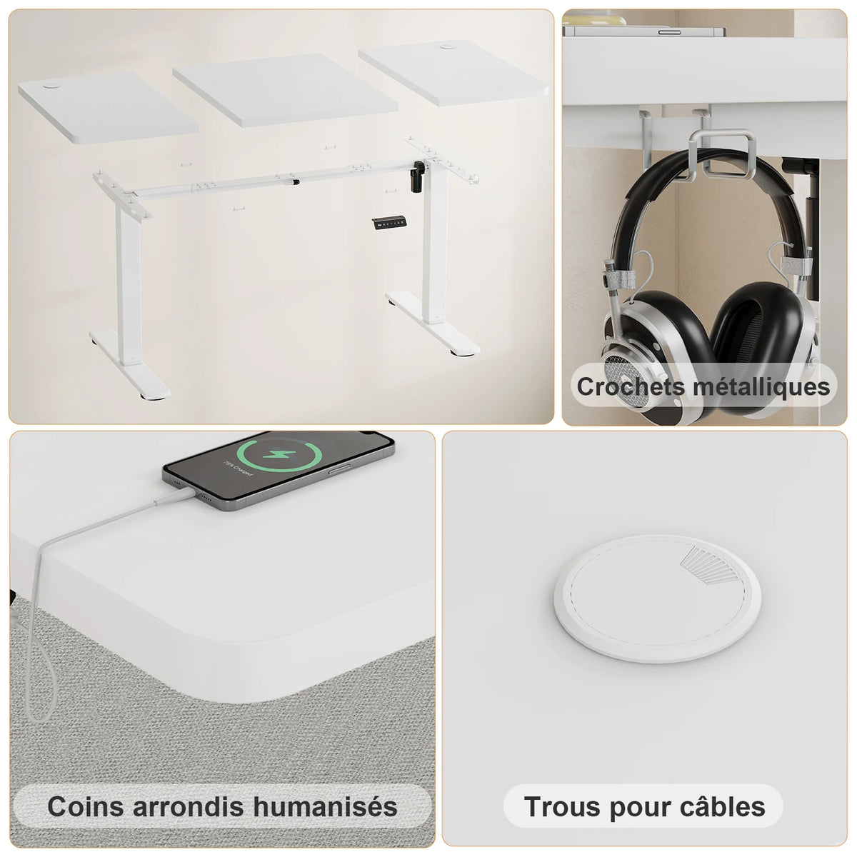 Bureau assis-debout électrique 140×60 cm avec ports USB et rappel de sédentarité