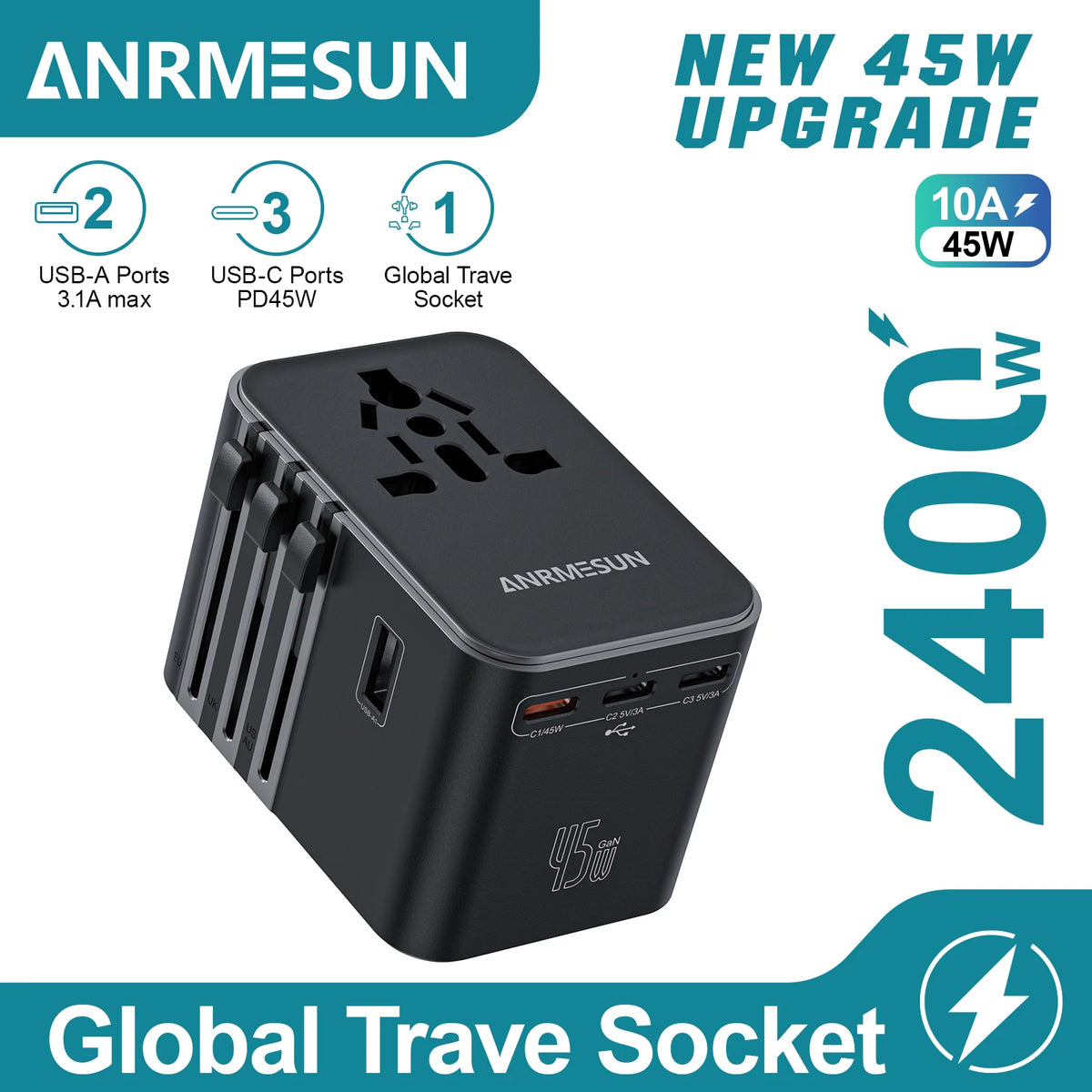 Adaptateur voyage universel GaN 65W — EU, UK, USA, AUS + USB-C charge rapide
