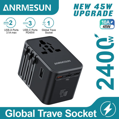 Adaptateur voyage universel GaN 65W — EU, UK, USA, AUS + USB-C charge rapide