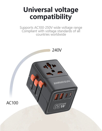 Adaptateur voyage universel GaN 65W — EU, UK, USA, AUS + USB-C charge rapide