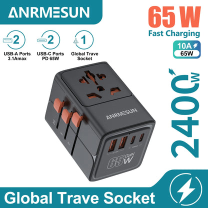 Adaptateur voyage universel GaN 65W — EU, UK, USA, AUS + USB-C charge rapide