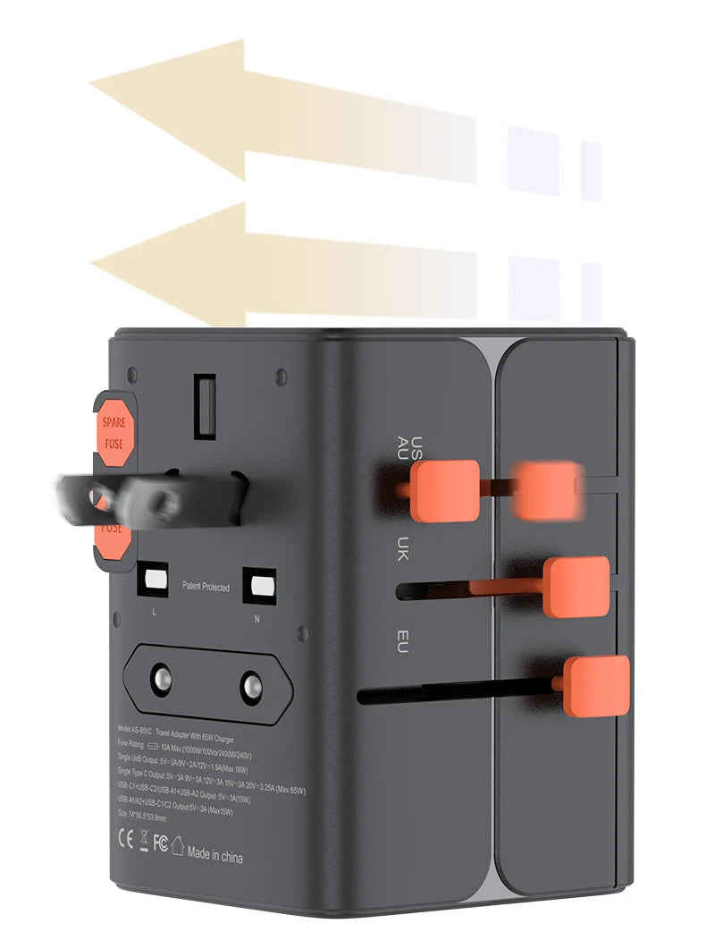 Adaptateur voyage universel GaN 65W — EU, UK, USA, AUS + USB-C charge rapide