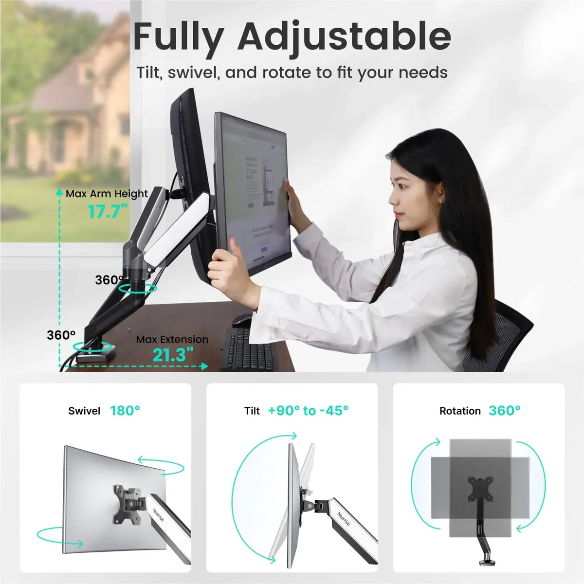 Bras double moniteur articulé NearHub MS-002 — Setup 2 écrans professionnel