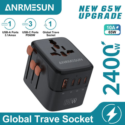 Adaptateur voyage universel GaN 65W — EU, UK, USA, AUS + USB-C charge rapide