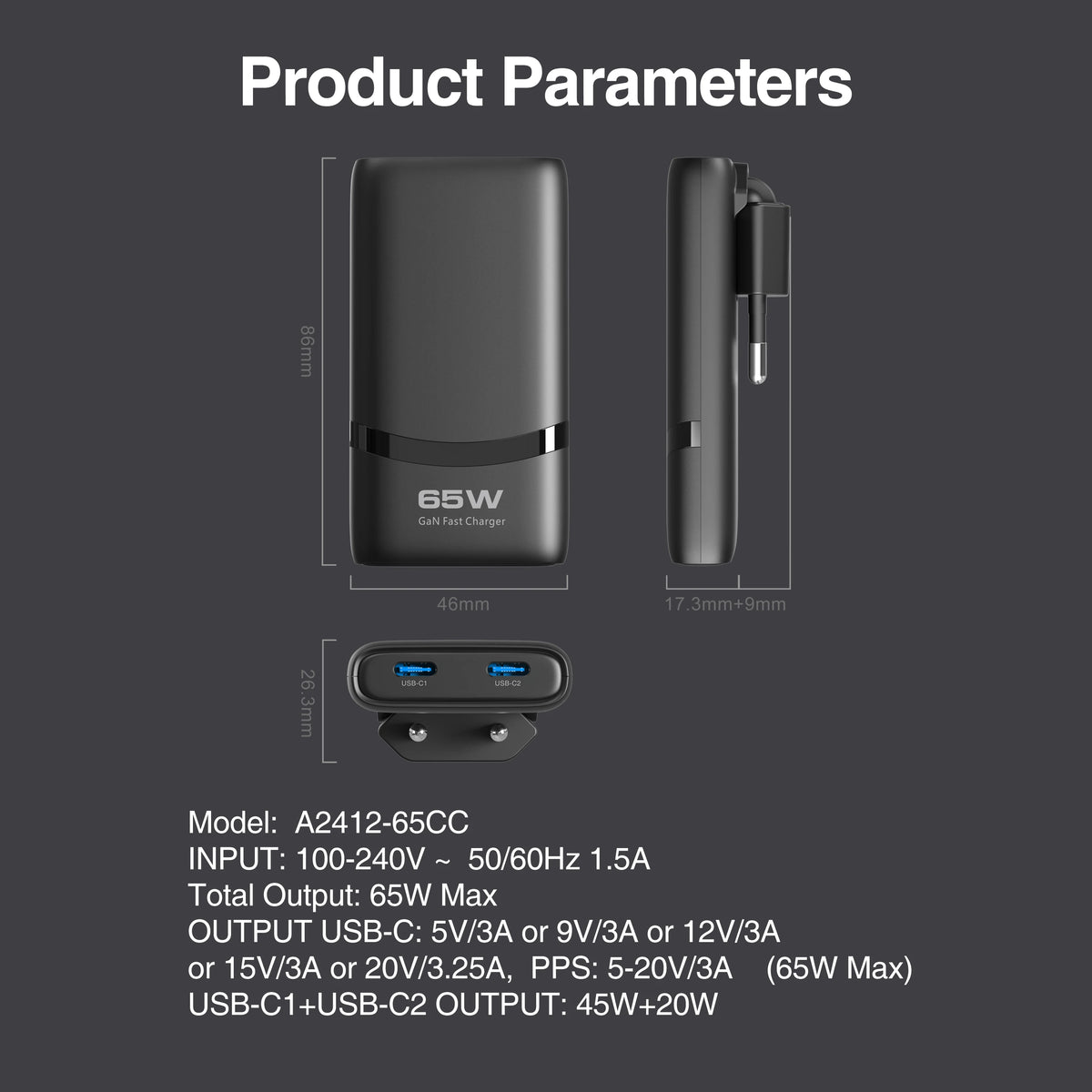 Chargeur GaN 65W ultra-plat double USB-C — Prise pliable format poche