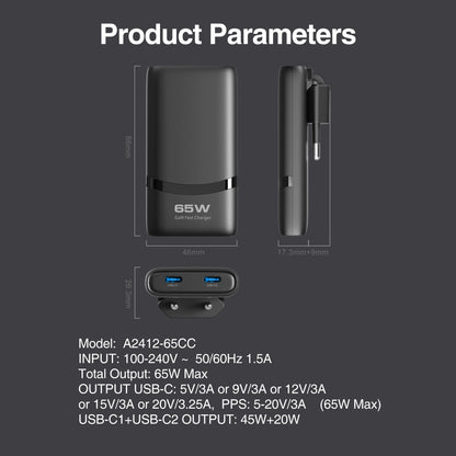 Chargeur GaN 65W ultra-plat double USB-C — Prise pliable format poche