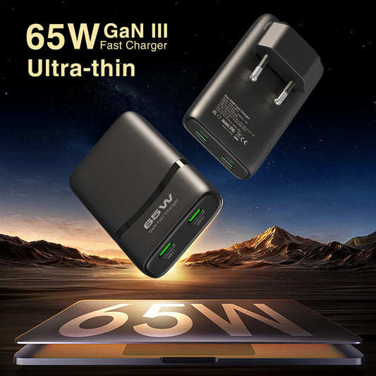 Chargeur GaN 65W ultra-plat double USB-C — Prise pliable format poche
