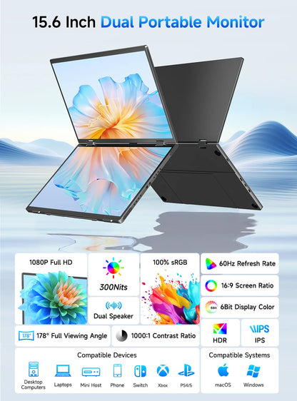 Double Écran Portable de Voyage UPERFECT 15.6" - Triple Écran Pliable Plug & Play pour Ordinateur Portable