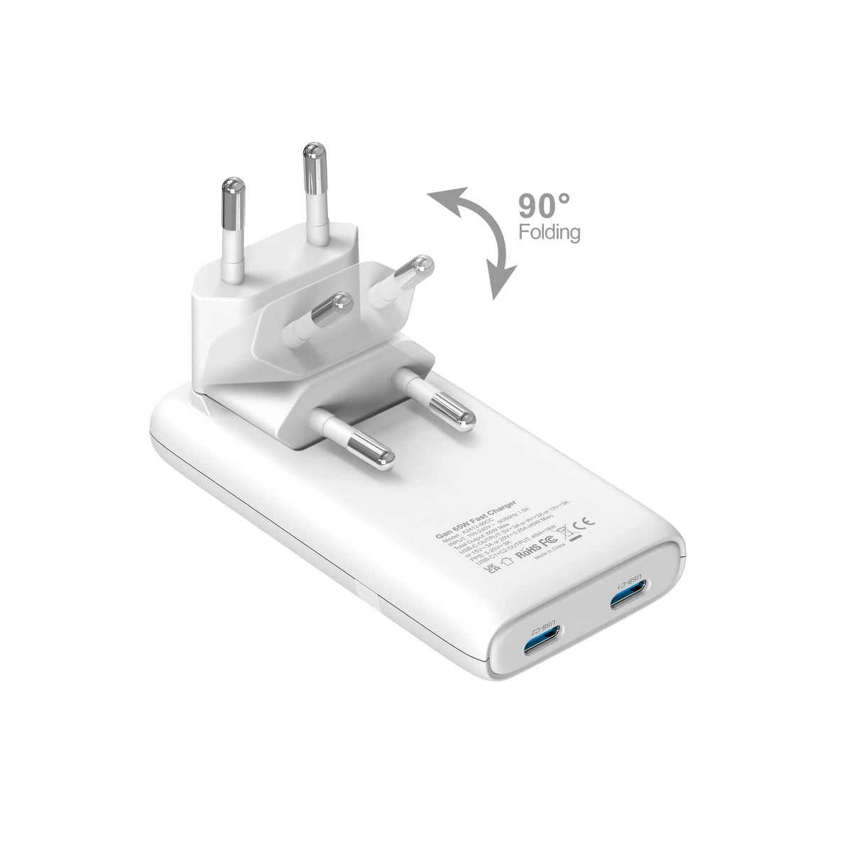 Chargeur GaN 65W ultra-plat double USB-C — Prise pliable format poche