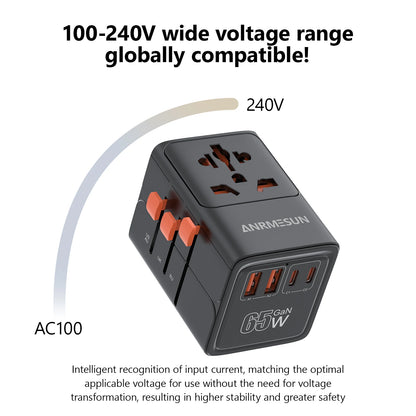 Adaptateur voyage universel GaN 65W — EU, UK, USA, AUS + USB-C charge rapide
