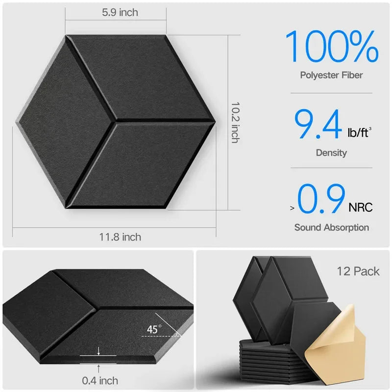 Panneaux acoustiques hexagonaux auto-adhésifs 12 pièces — Bureau et home studio