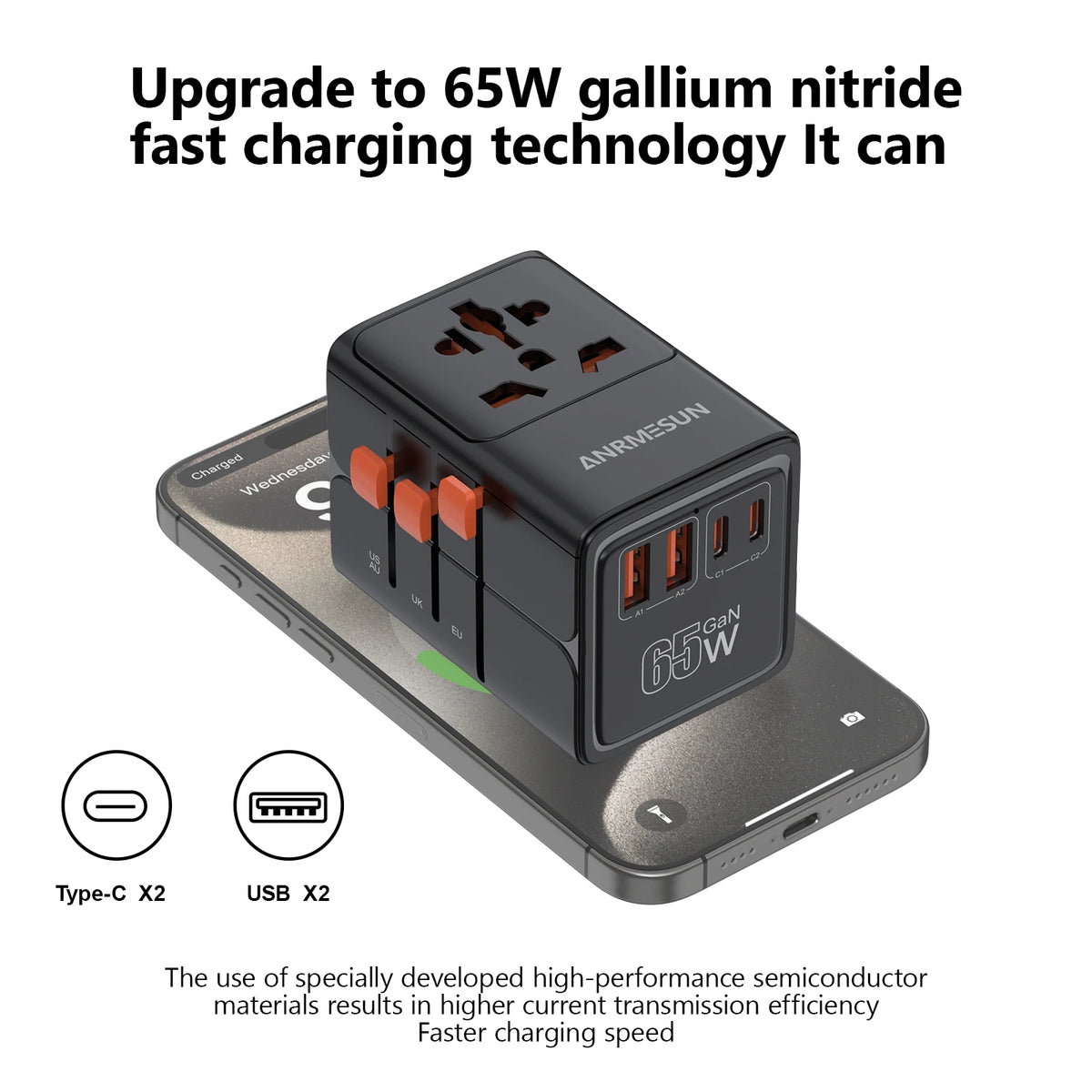 Adaptateur voyage universel GaN 65W — EU, UK, USA, AUS + USB-C charge rapide