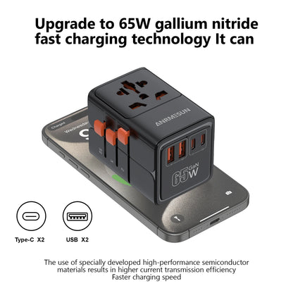 Adaptateur voyage universel GaN 65W — EU, UK, USA, AUS + USB-C charge rapide
