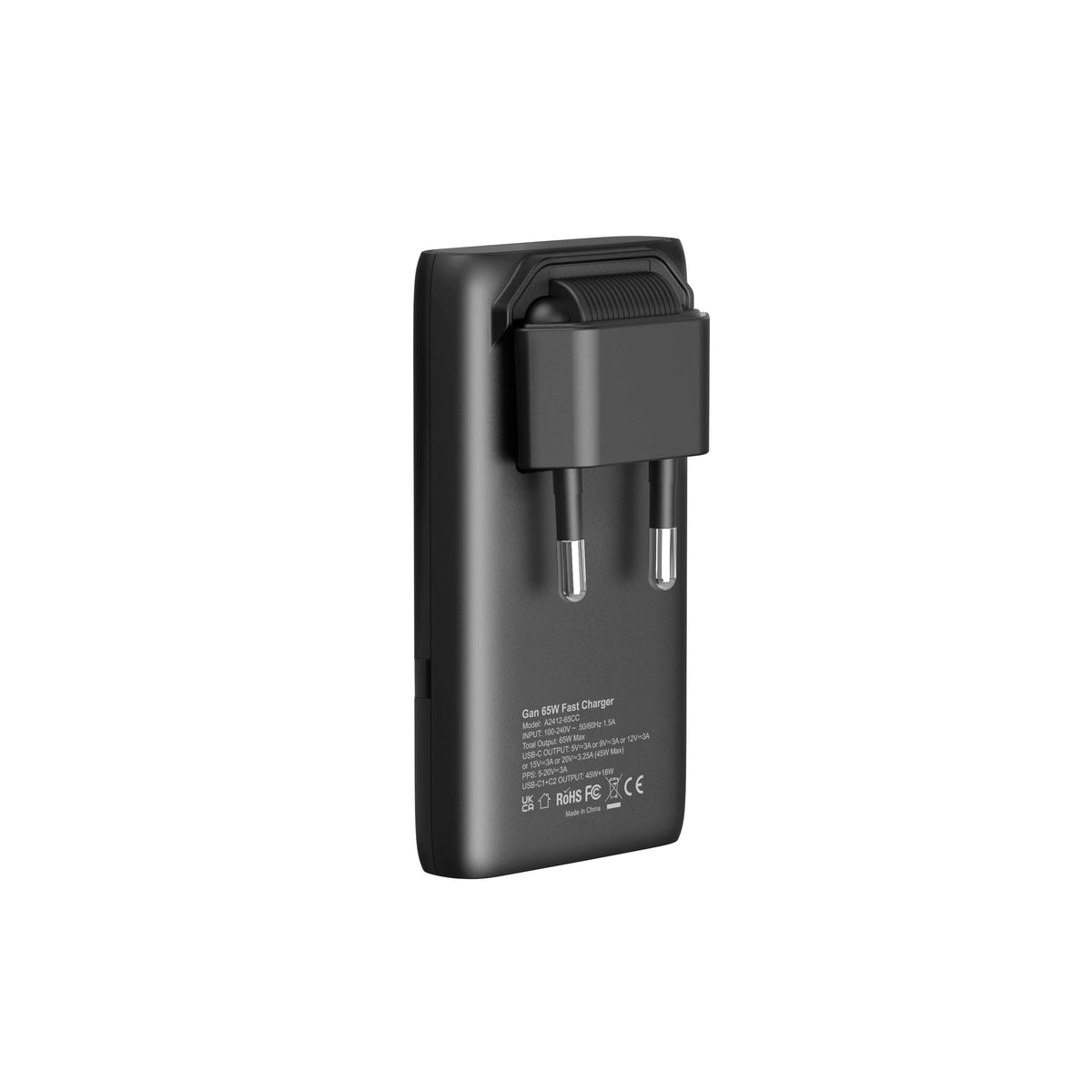 Chargeur GaN 65W ultra-plat double USB-C — Prise pliable format poche