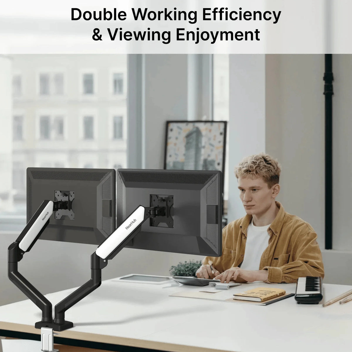 Bras double moniteur articulé NearHub MS-002 — Setup 2 écrans professionnel