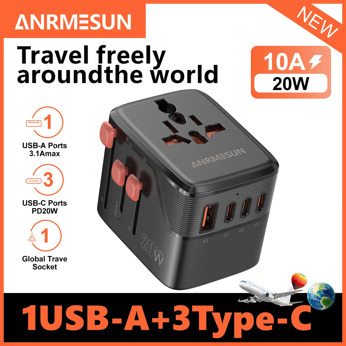 Adaptateur voyage universel GaN 65W — EU, UK, USA, AUS + USB-C charge rapide
