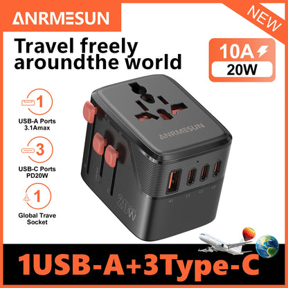 Adaptateur voyage universel GaN 65W — EU, UK, USA, AUS + USB-C charge rapide