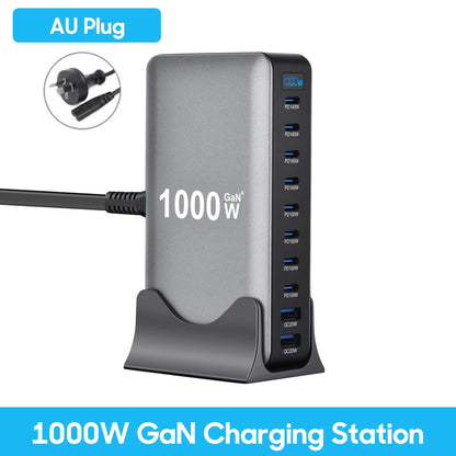 Station de charge GaN 1000W 10 ports — 140W USB-C pour MacBook Pro et laptop