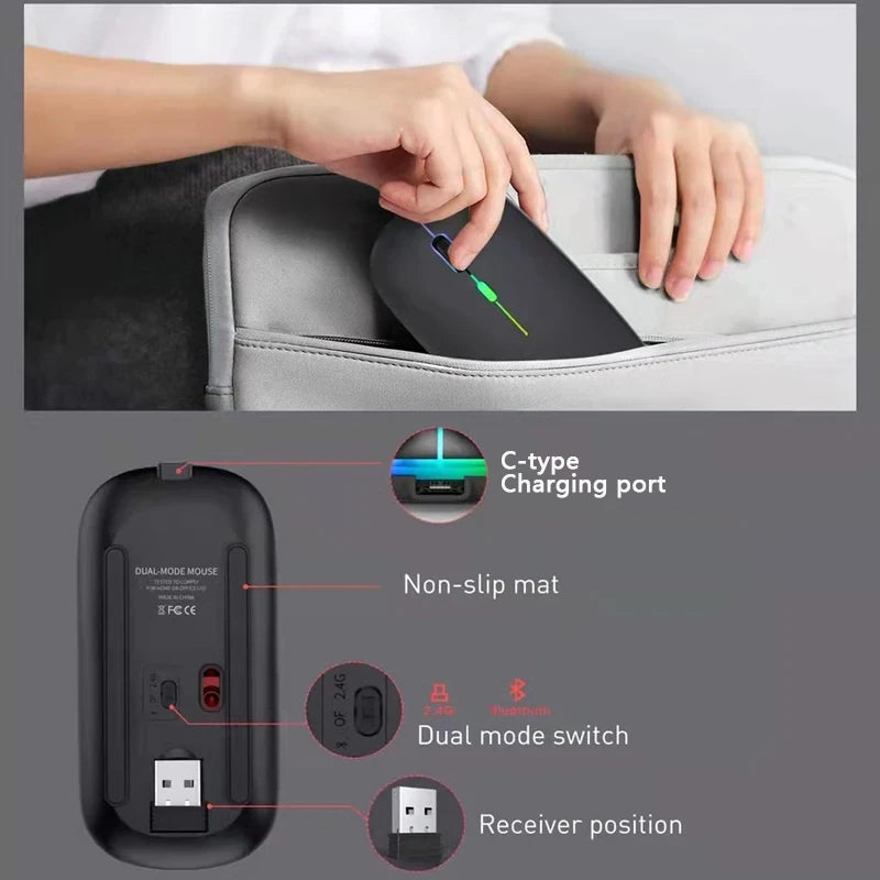 Souris sans fil Bluetooth 5.1 et 2.4G RGB silencieuse rechargeable