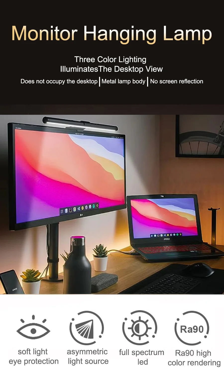 Lampe écran LED anti-reflets dimmable USB — Bureau, gaming et streaming