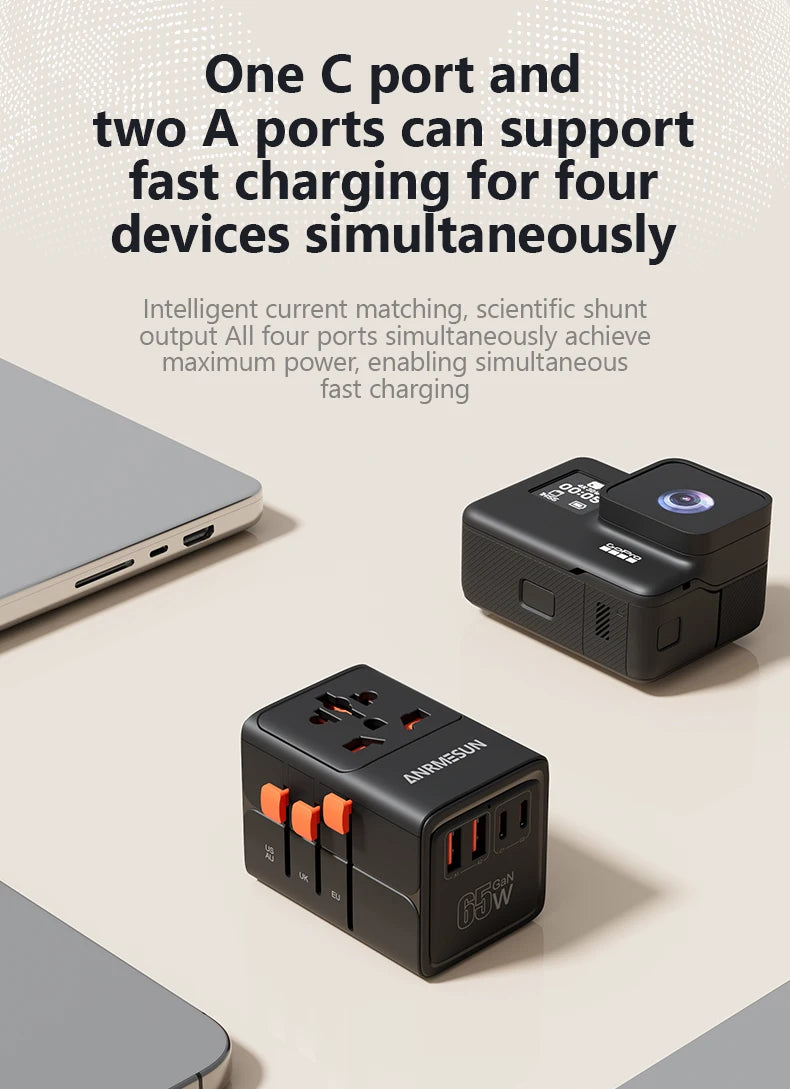 Adaptateur voyage universel GaN 65W — EU, UK, USA, AUS + USB-C charge rapide