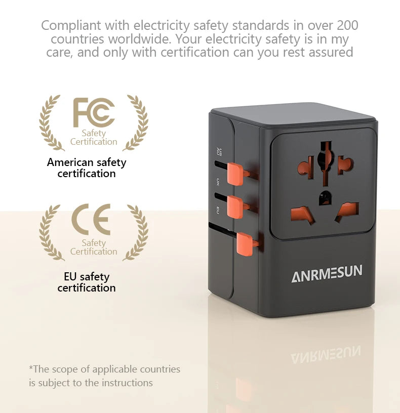 Adaptateur voyage universel GaN 65W — EU, UK, USA, AUS + USB-C charge rapide