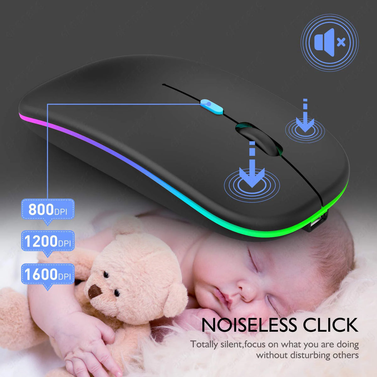 Wireless Mouse Bluetooth-computible and 2.4G Dual Modes Rechargeable RGB Ergonomic Silent Click for PC iPad Laptop Cell Phone TV