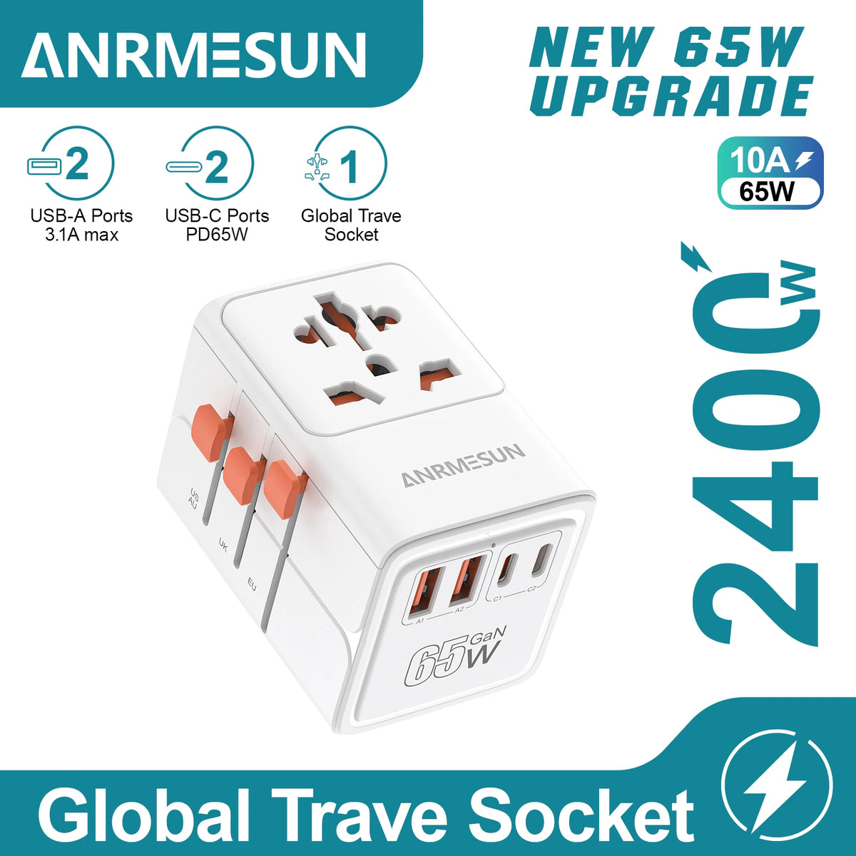 Adaptateur voyage universel GaN 65W — EU, UK, USA, AUS + USB-C charge rapide