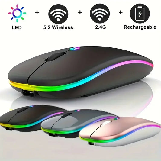 Wireless Mouse Bluetooth-computible and 2.4G Dual Modes Rechargeable RGB Ergonomic Silent Click for PC iPad Laptop Cell Phone TV