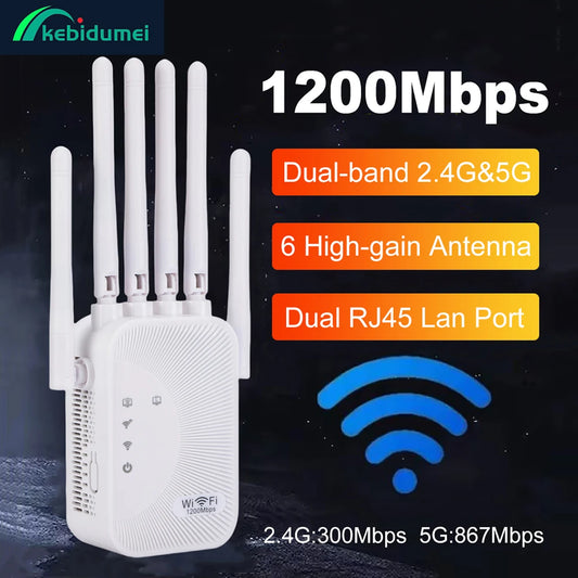 Répéteur WiFi double bande 1200 Mbps 2,4G + 5G — 6 antennes haute portée