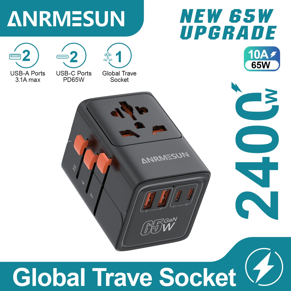 Adaptateur voyage universel GaN 65W — EU, UK, USA, AUS + USB-C charge rapide