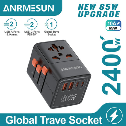 Adaptateur voyage universel GaN 65W — EU, UK, USA, AUS + USB-C charge rapide