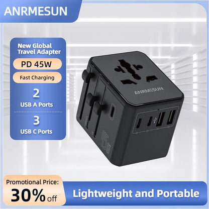 Adaptateur voyage universel GaN 65W — EU, UK, USA, AUS + USB-C charge rapide