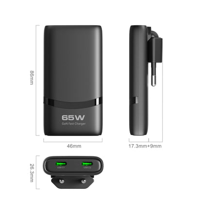 Chargeur GaN 65W ultra-plat double USB-C — Prise pliable format poche