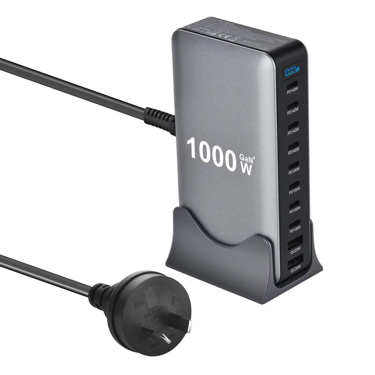 Station de charge GaN 1000W 10 ports — 140W USB-C pour MacBook Pro et laptop