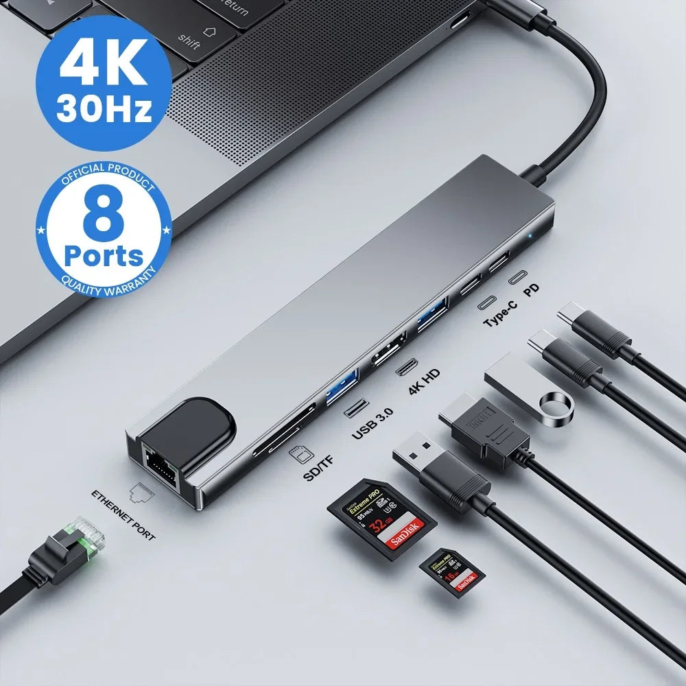 Hub USB-C 7-en-1 avec HDMI 4K et RJ45 — Adaptateur multiport pour laptop