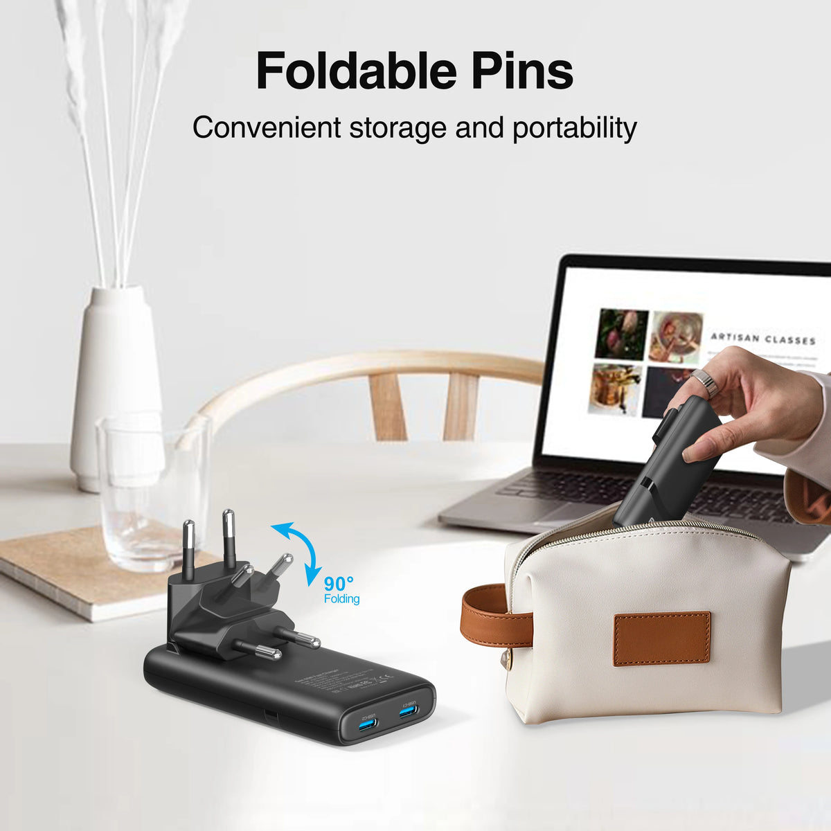 Chargeur GaN 65W ultra-plat double USB-C — Prise pliable format poche