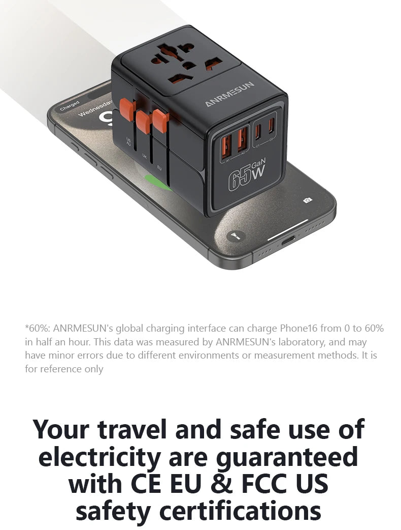 Adaptateur voyage universel GaN 65W — EU, UK, USA, AUS + USB-C charge rapide
