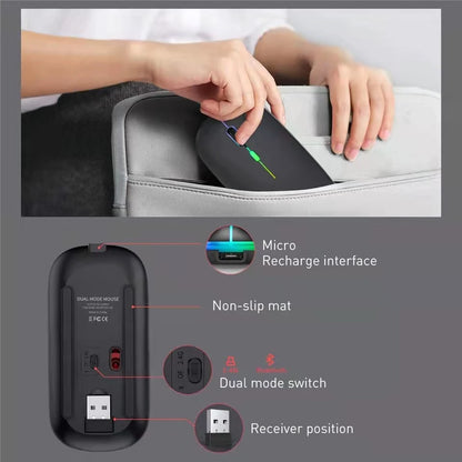 Wireless Mouse Bluetooth-computible and 2.4G Dual Modes Rechargeable RGB Ergonomic Silent Click for PC iPad Laptop Cell Phone TV