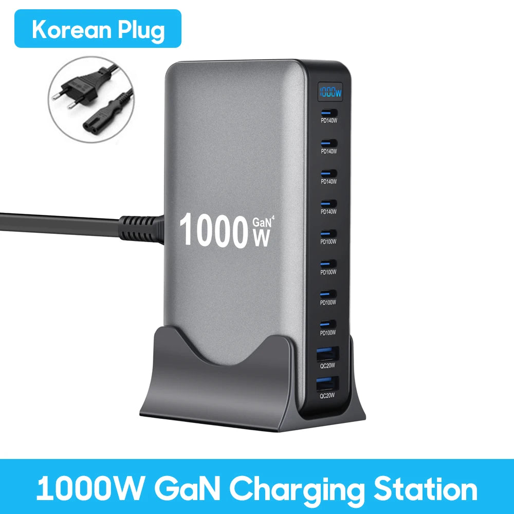 Station de charge GaN 1000W 10 ports — 140W USB-C pour MacBook Pro et laptop