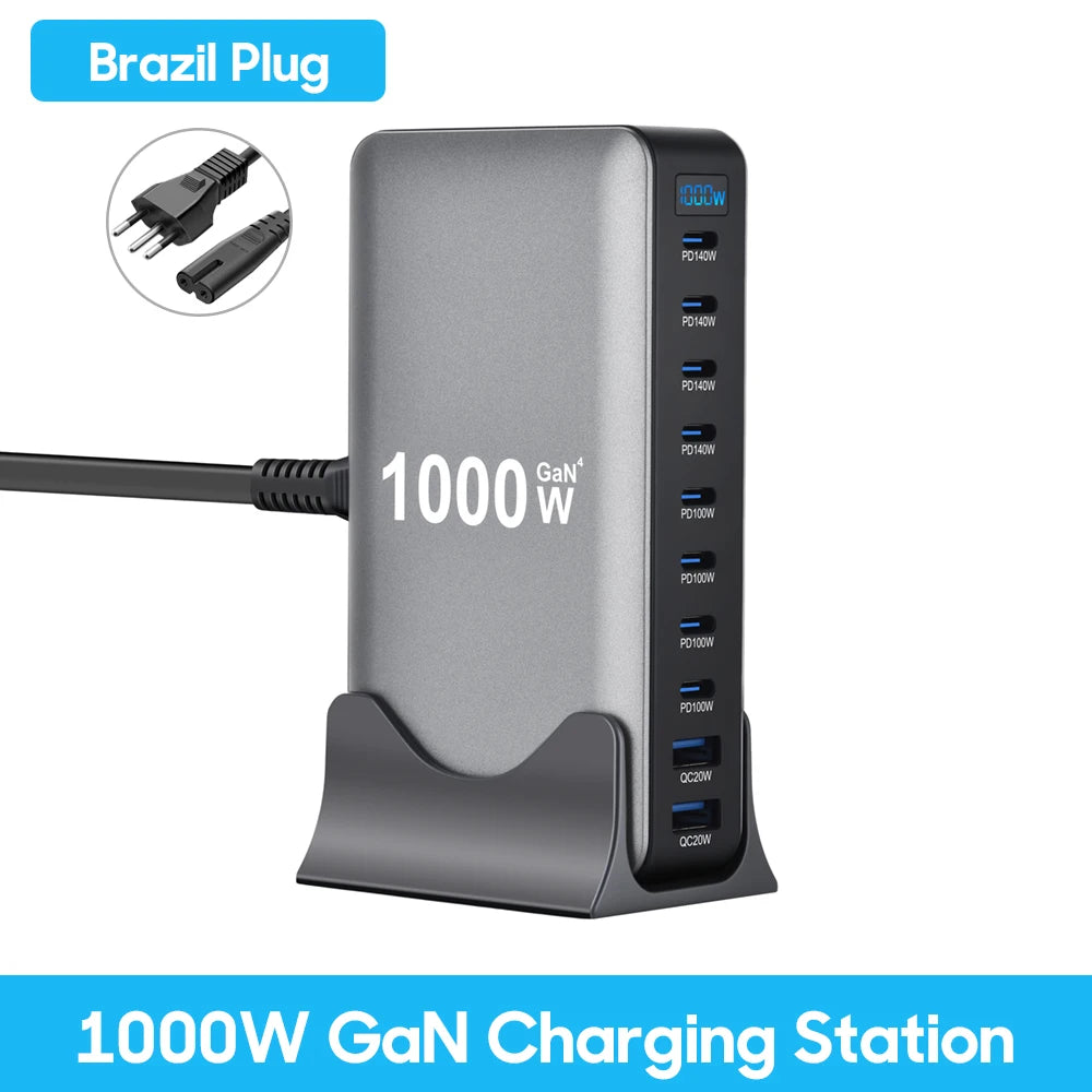 Station de charge GaN 1000W 10 ports — 140W USB-C pour MacBook Pro et laptop