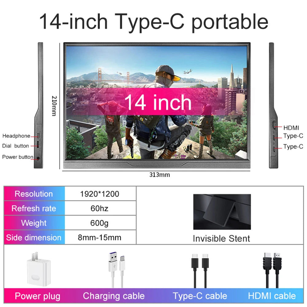 Moniteur portable 14" tactile IPS 1200P USB-C HDMI — Format compact ultra-réactif