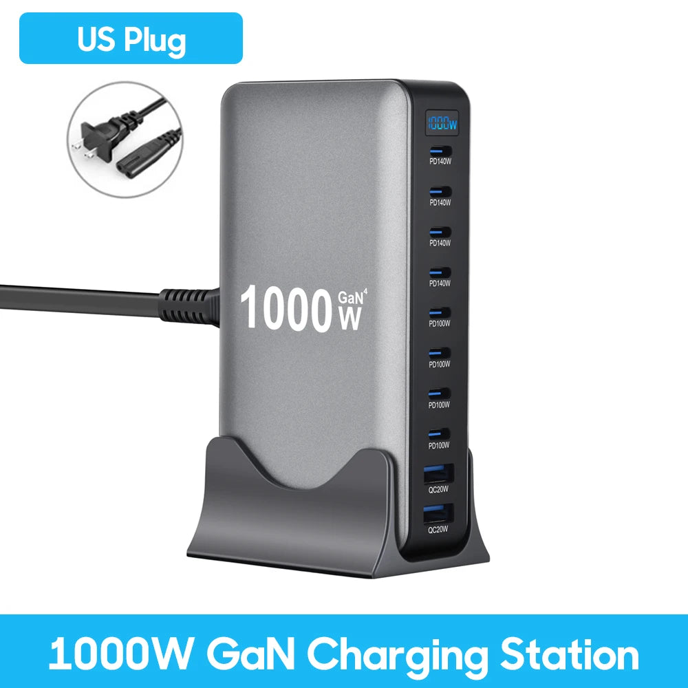 Station de charge GaN 1000W 10 ports — 140W USB-C pour MacBook Pro et laptop